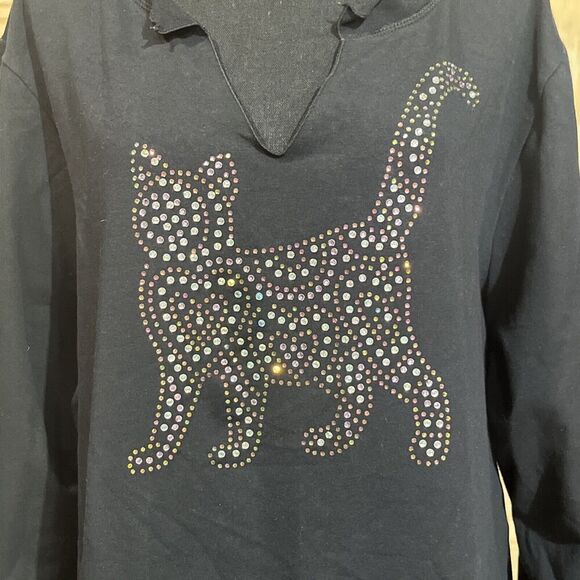 QUACKER FACTORY Cat Lady Bedazzled Rhinestone Classic Sweatshirt Black Size 3X - Picture 4 of 12